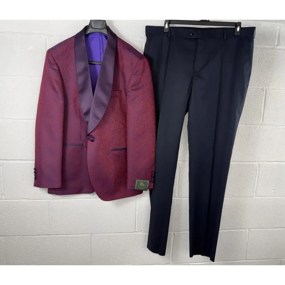 Pietro Scarlatti Mens Tuxedo Suit Blazer Pants Paisley Red Blue US 44 EU 54 T13